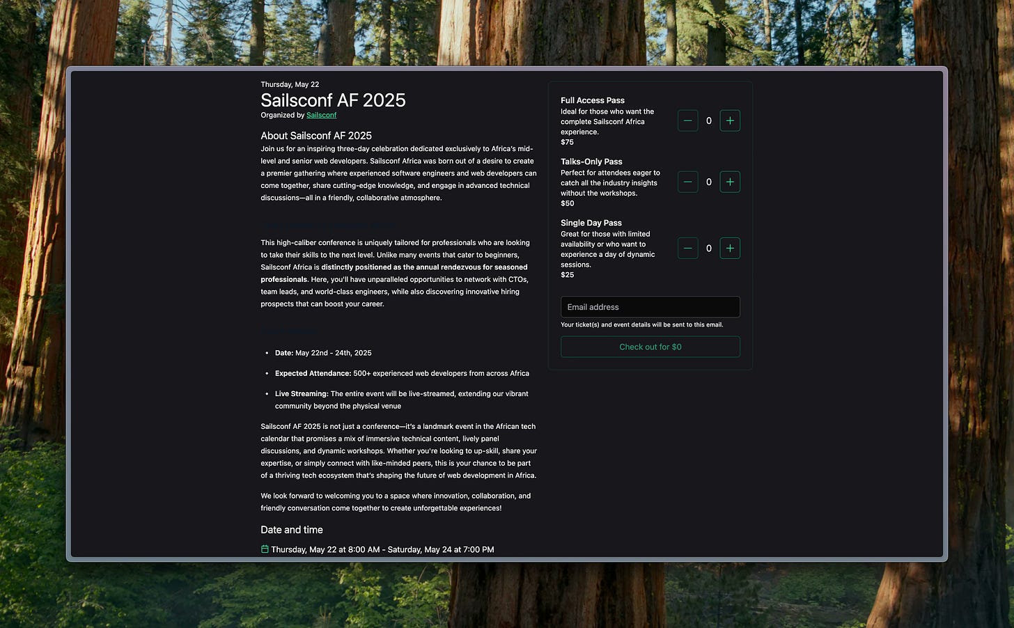 My friend Kelvin is organizing #SailsconfAF2025, go ahead and register or apply to speak.  https://events.sailscasts.com/sailsconf/8bcSsJ26ztIb