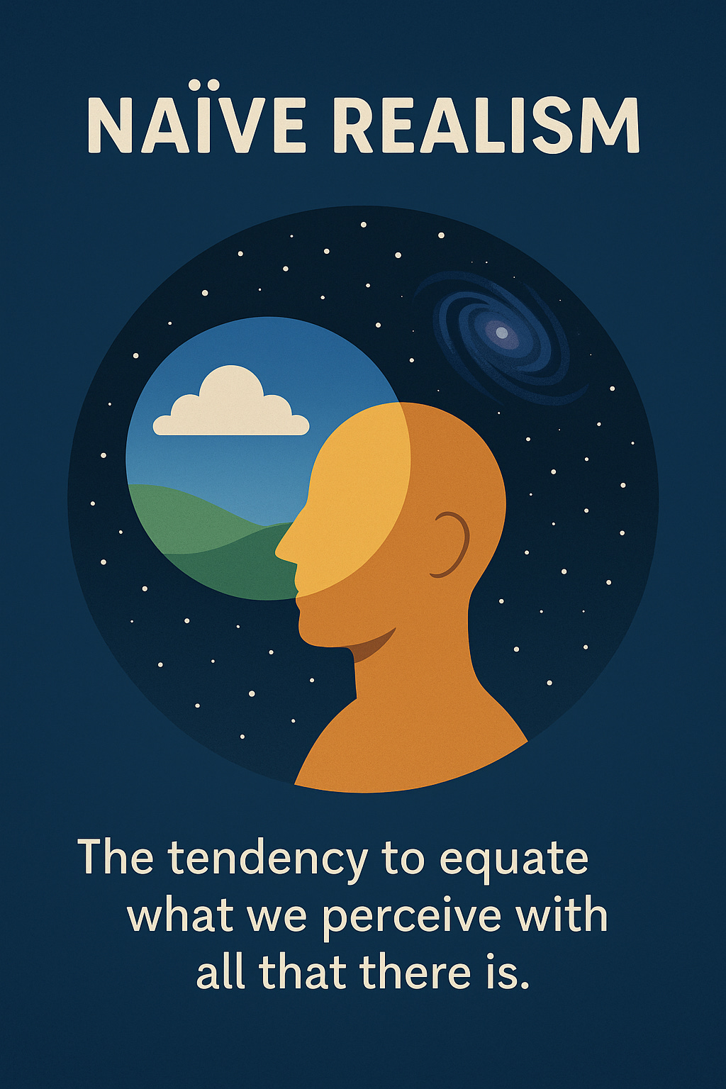 Illustration of a human profile with a circle showing a landscape inside the head, contrasting with a starry sky background. Caption reads: 'Naïve Realism — The tendency to equate what we perceive with all that there is.