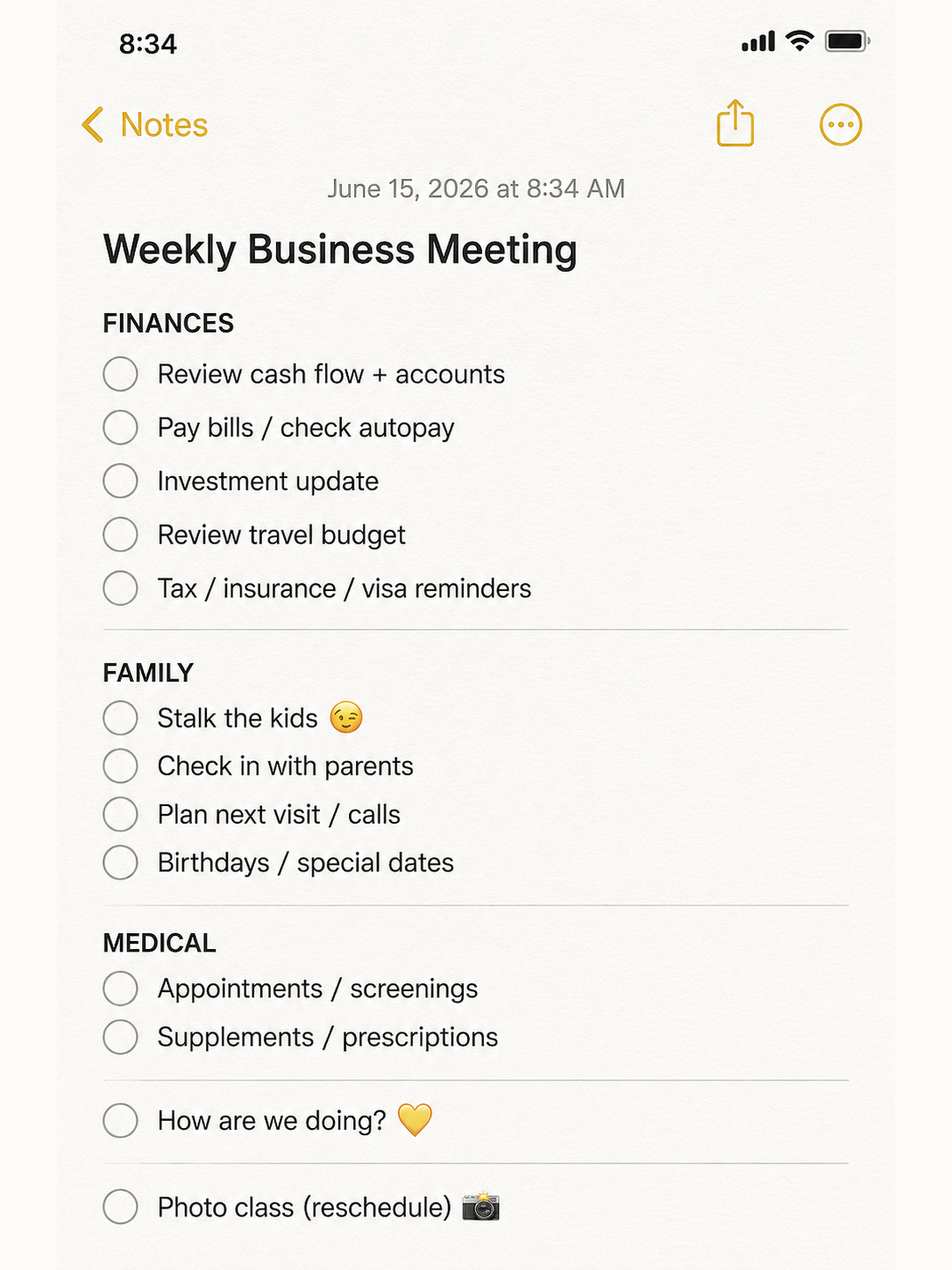 Screenshot of Notes app showing our weekly agenda.
