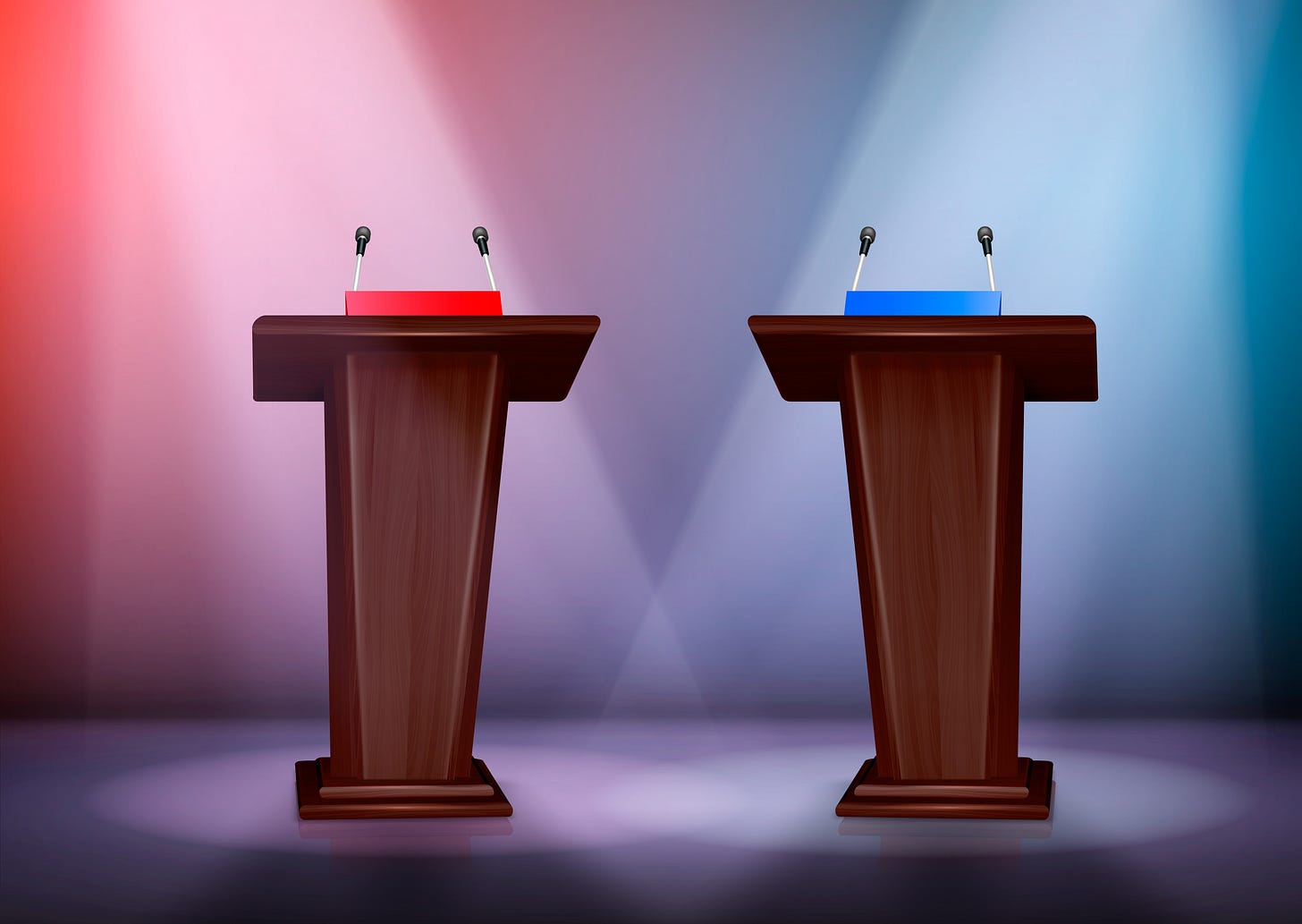 Two podiums with microphones, one red, one blue. <a href="https://www.freepik.com/free-vector/two-tribunes-debate-stage-illuminated-by-floodlights-realistic-colored-composition-3d-illustration_15330872.htm#fromView=keyword&page=1&position=0&uuid=696f73a4-99a5-46b4-9e15-593361742017&query=Debate">Image by macrovector on Freepik</a>
