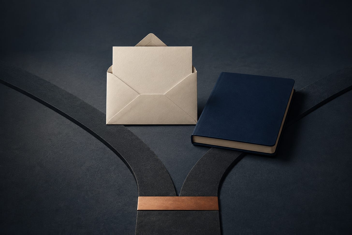 An open envelope with a blank sheet beside a navy notebook, above forked charcoal paths and a copper strip. An open envelope with a blank sheet beside a navy notebook, above forked charcoal paths and a copper strip.