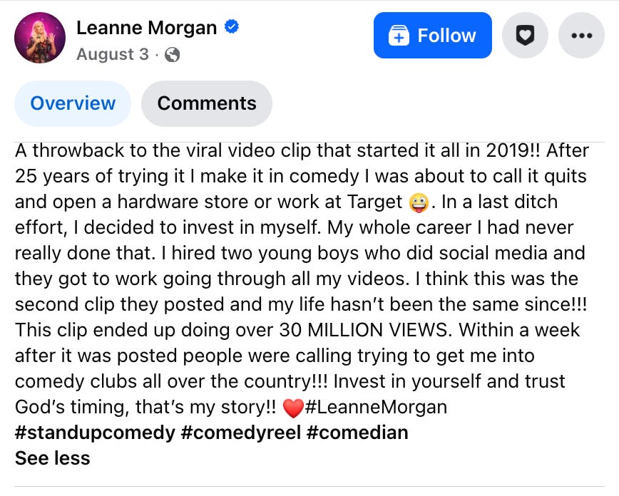 Leanne's FB post about a viral clip that gave her the boost she needed in the comedy industry. Leanne's FB post about a viral clip that gave her the boost she needed in the comedy industry.