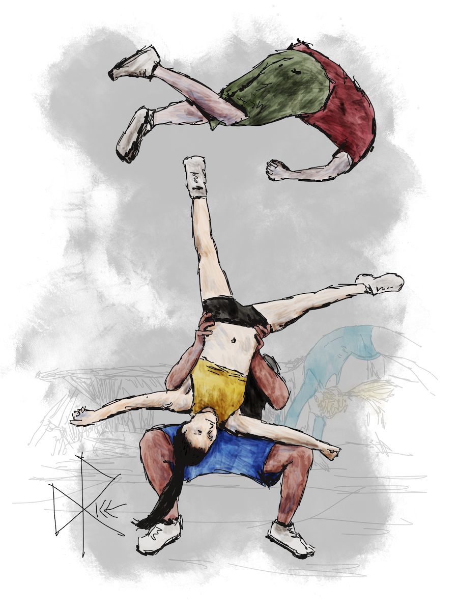 Upside down and arms extended, a woman spins as she is held securely at her hips by a man who lifts her in preparation for a throw. Another man has leaped high in the air and flips athletically. A woman tumbles in the background. Sketch art by Don Rice. Upside down and arms extended, a woman spins as she is held securely at her hips by a man who lifts her in preparation for a throw. Another man has leaped high in the air and flips athletically. A woman tumbles in the background. Sketch art by Don Rice.
