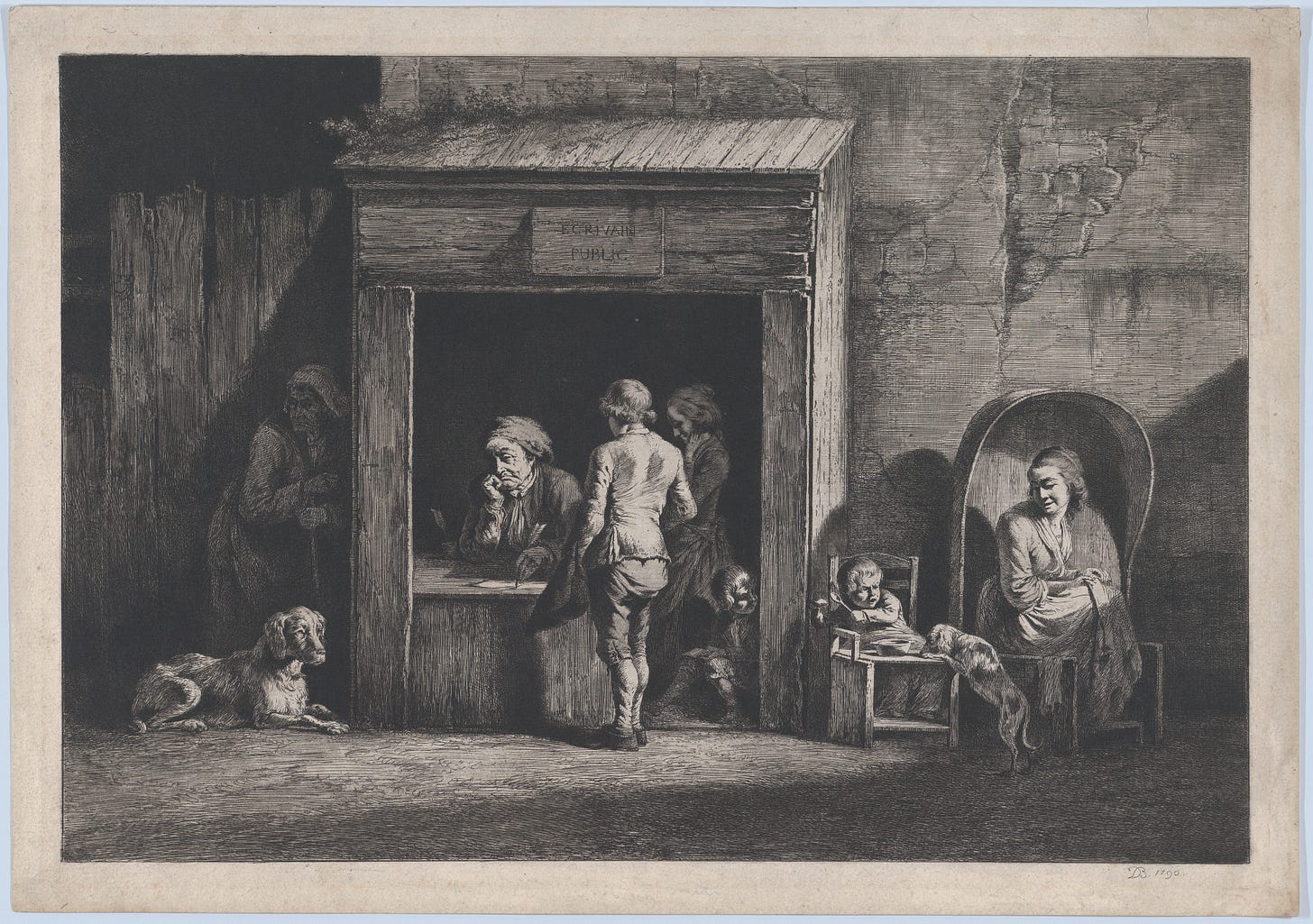 Etching on paper from the late 18th century depicting a man at a counter in a shed writing with a quill. Two people watch him write, another stands outside to the left side of the shed behind a dog listening, and a woman and her child sit in chairs on the right side. 