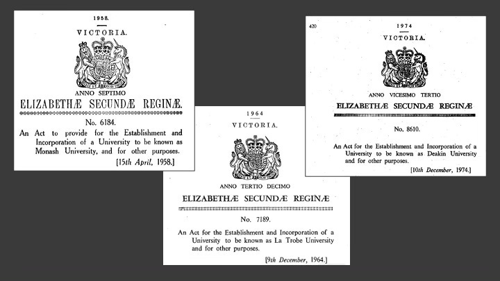Image of coat of arms at front of founding acts for Monash 1958, Latrobe 1964 and Deakin 1974