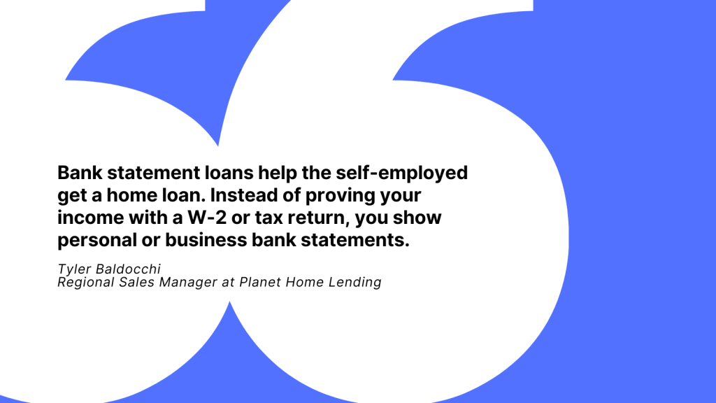 screenshot of a quote about bank statement mortgages from regional manager, tyler baldocchi, at planet home lending
