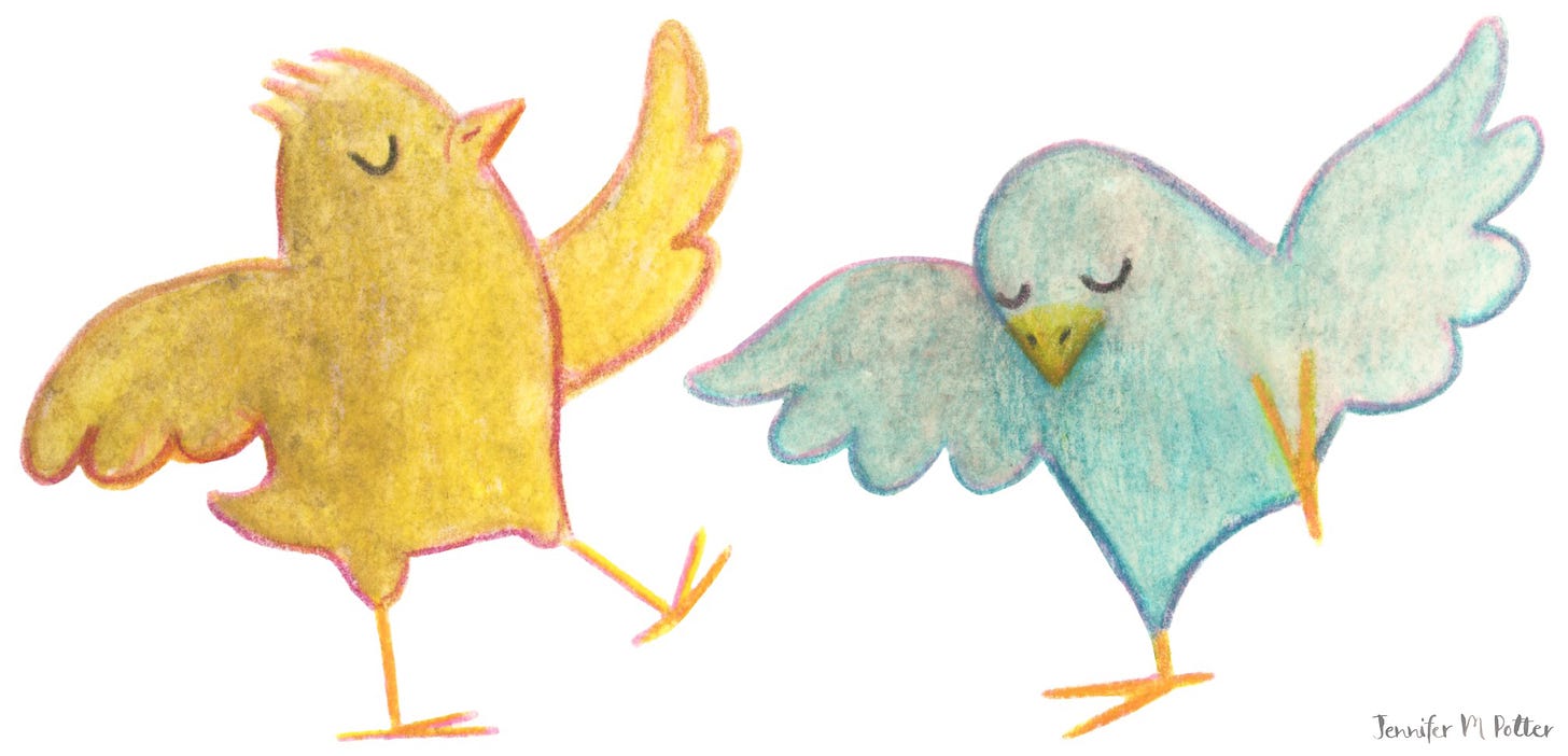 Illustration of two birds dancing by Jennifer M Potter