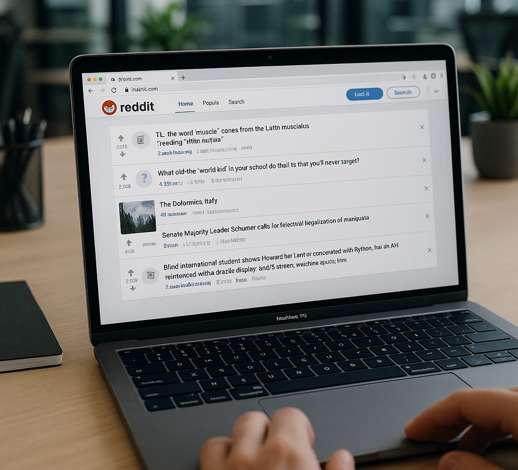 A MacBook showing Reddit’s homepage being browsed in a modern office workspace.