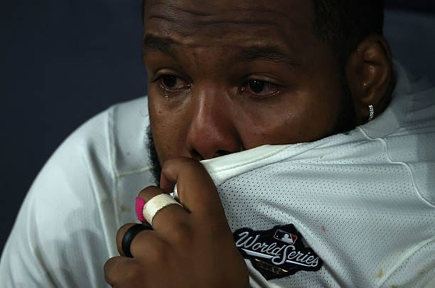 First baseman Vladimir Guerrero Jr. Of the Toronto Blue Jays watches the Los Angeles Dodgers celebrate as the Toronto Blue Jays fall to the Los...