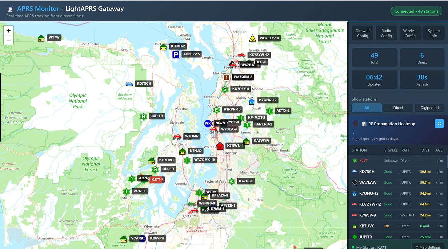 A screenshot of my LightAPRS Gateway display showing a map of northwest Washington State and APRS stations heard by my device A screenshot of my LightAPRS Gateway display showing a map of northwest Washington State and APRS stations heard by my device