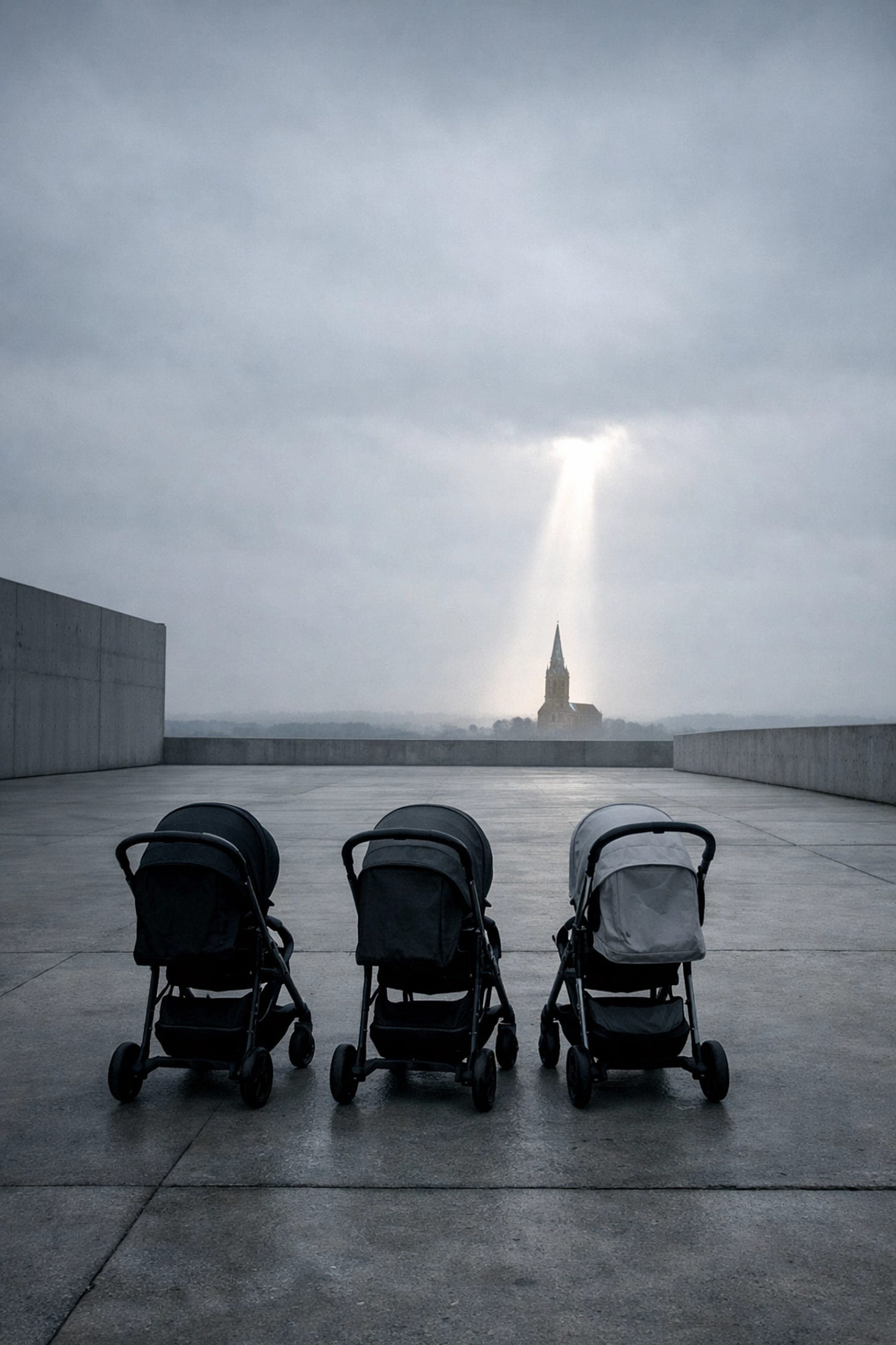 Empty strollers in a plaza with a distant church spire symbolizing hope amidst modern cultural decay | Dr. Marcus Peter
