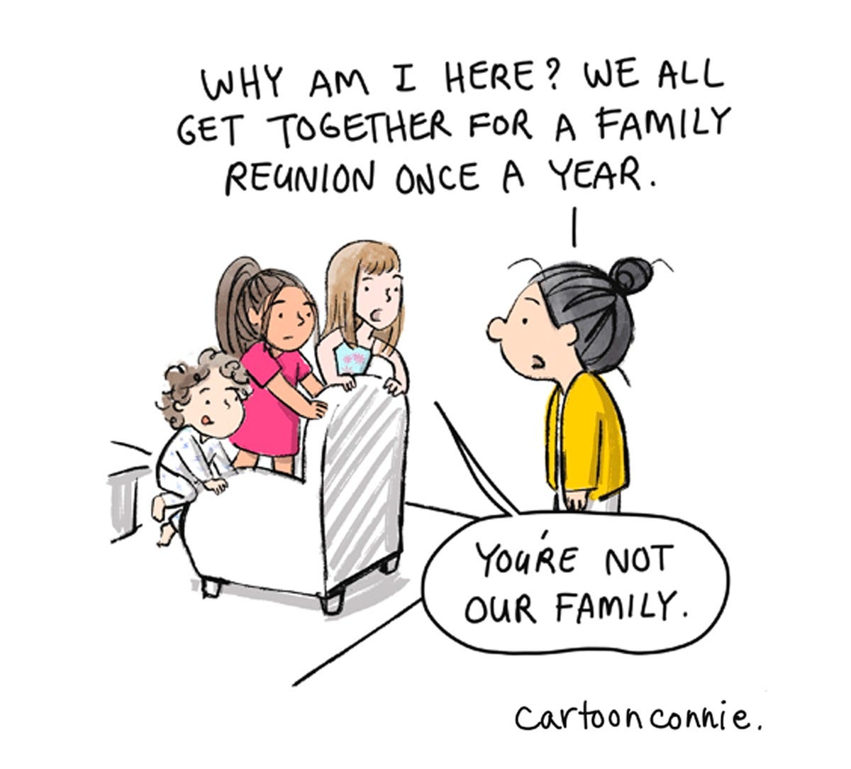 Panel 5/8 of an 8-panel color diary comic illustrating the perceptive, brutal honesty of young children in a series of humbling exchanges with the artist. Titled "Friends With Kids," 2026, by Connie Sun