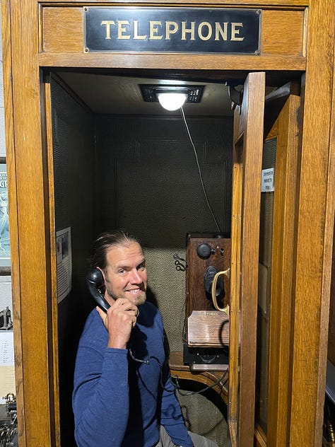(L) Car phone from 1946 (C) Phone operators (R) Me in Durango CO waiting for a call