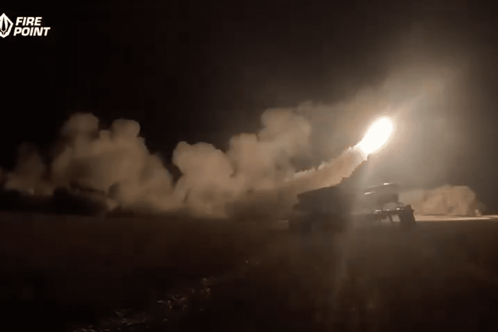 Launch of Ukrainian Flamingo cruise missiles captured in a still frame from a video. (Source: Denys Shtilierman)