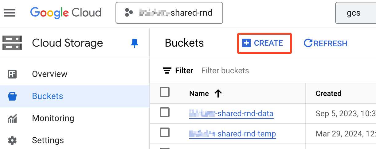 Google Cloud Storage buckets page