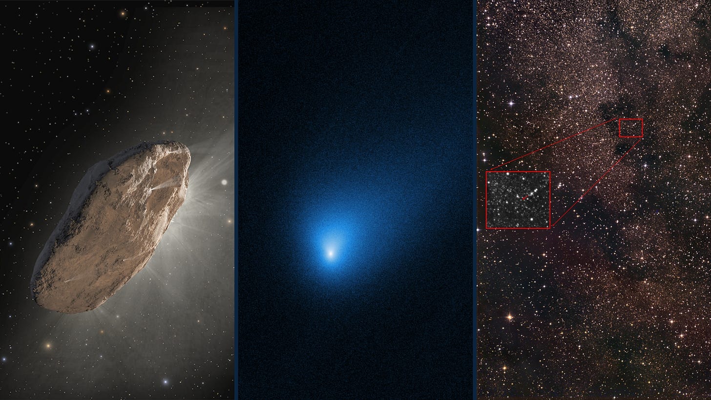 Composite image showing three interstellar objects: left, a rocky object; center, the third interstellar object—a bright comet; right, a star field with two red boxes highlighting the comet's position. Composite image showing three interstellar objects: left, a rocky object; center, the third interstellar object—a bright comet; right, a star field with two red boxes highlighting the comet's position.