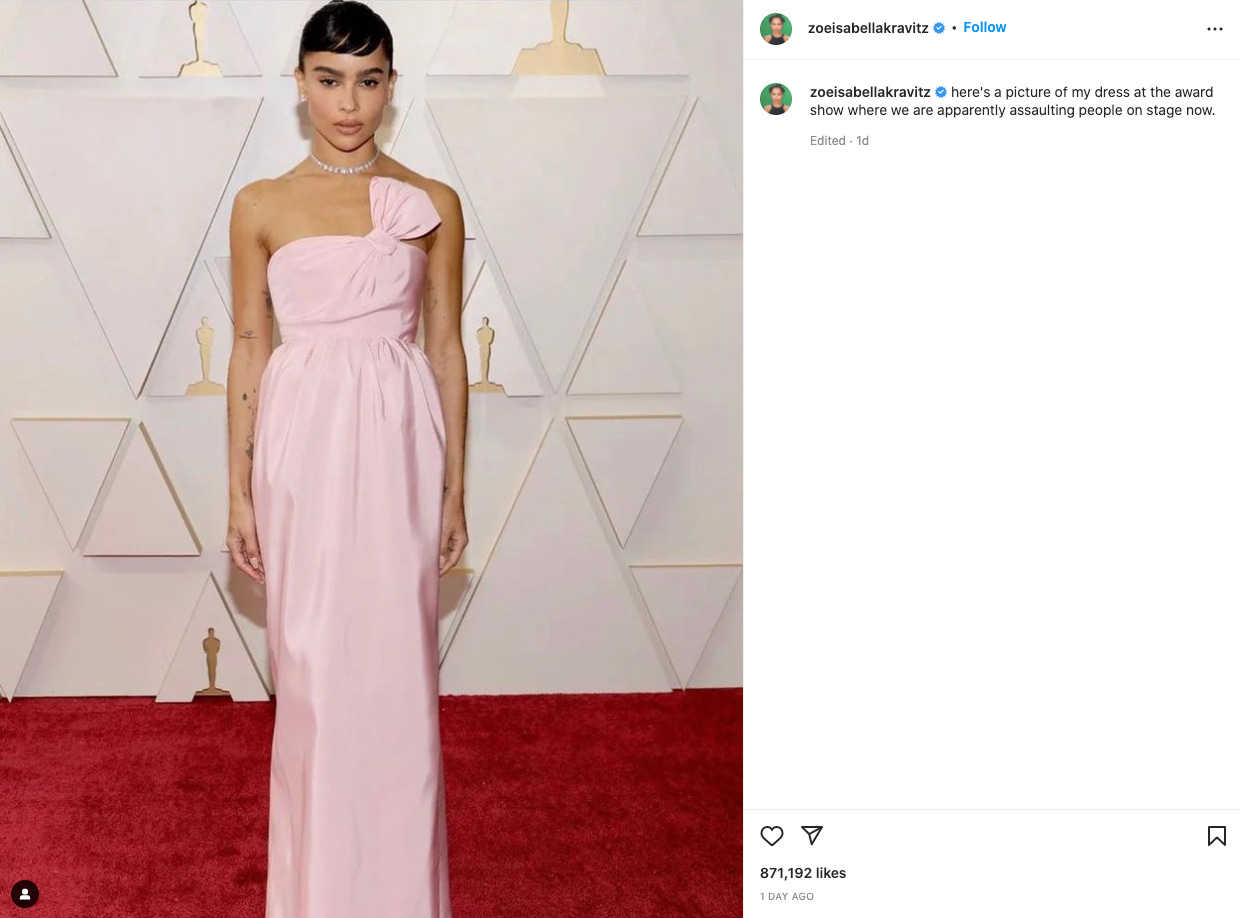 Zoe Kravitz in a pink dress at the Oscars. zoeisabellakravitz: here's a picture of my dress at the award show where we are apparently assaulting people on stage now. Zoe Kravitz in a pink dress at the Oscars. zoeisabellakravitz: here's a picture of my dress at the award show where we are apparently assaulting people on stage now.