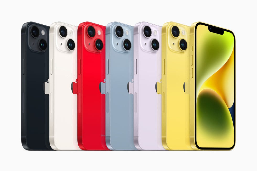 iPhone 14 colors: Purple, Black, White, Yellow, Blue and Red