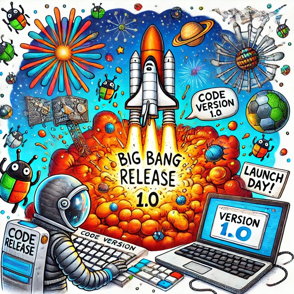 A whimsical cartoon-style drawing of a 'Big Bang Release' in a software development context. Depict a comically large explosion in space, with a rocket ship labeled 'Code Version 1.0' blasting off from a keyboard-shaped planet. Include humorous elements like floating bug-shaped asteroids, a stressed-out programmer in a spacesuit, and a banner that says 'Launch Day!' with fireworks. Use vibrant, playful colors and a lighthearted tone.