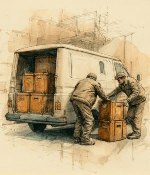 Two corrective operations workers loading sealed prototype crates into a van outside an industrial facility.
