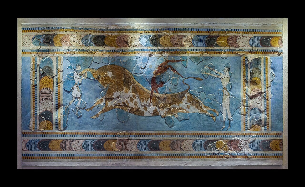 Three slim figures vaulting over a charging bull Three slim figures vaulting over a charging bull