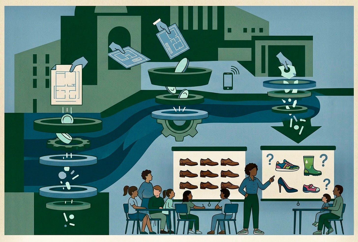 A mid-century-style illustration in a palette of slate blue and deep pine. At the top, abstract government buildings funnel documents through a series of gears and filters, representing the flow of policy. Below, in a diverse classroom, a teacher points to two screens: one showing a grid of identical brown shoes and the other showing a diverse mix of colorful footwear, representing the critique of AI bias and the "human" element of literacy. A mid-century-style illustration in a palette of slate blue and deep pine. At the top, abstract government buildings funnel documents through a series of gears and filters, representing the flow of policy. Below, in a diverse classroom, a teacher points to two screens: one showing a grid of identical brown shoes and the other showing a diverse mix of colorful footwear, representing the critique of AI bias and the "human" element of literacy.