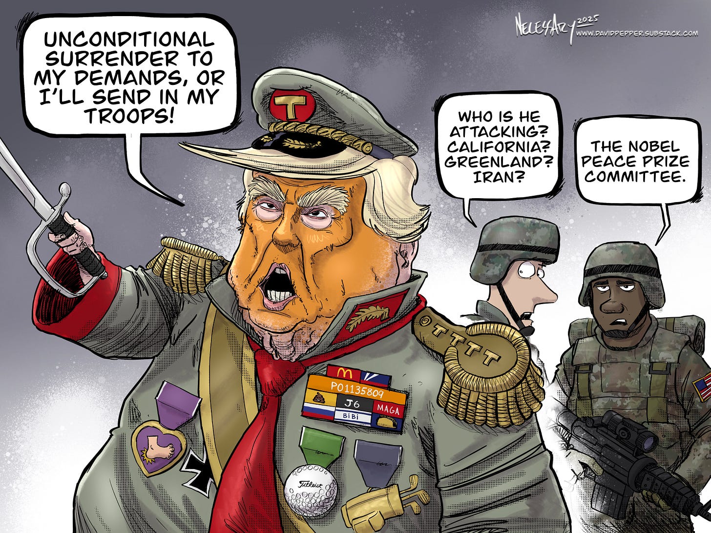 Editorial cartoon featuring a caricature of Donald Trump threatening to send troops against the Nobel Peace Prize committee