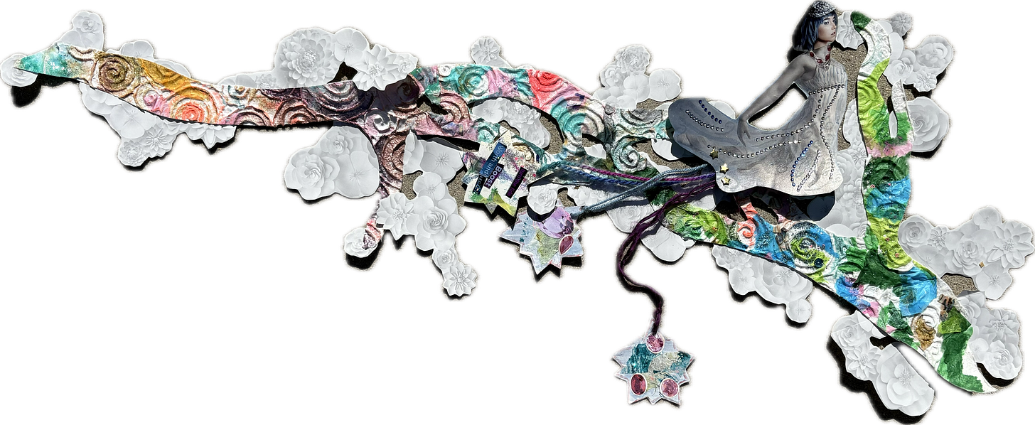 A mixed media collage in the shape of the River Clyde on rainbow paper embossed with spiral. White flowers poke out from around the river. A collaged image of the Goddess Clota in a lunging pose with three collaged stars attached via purple yarn is to the right side.