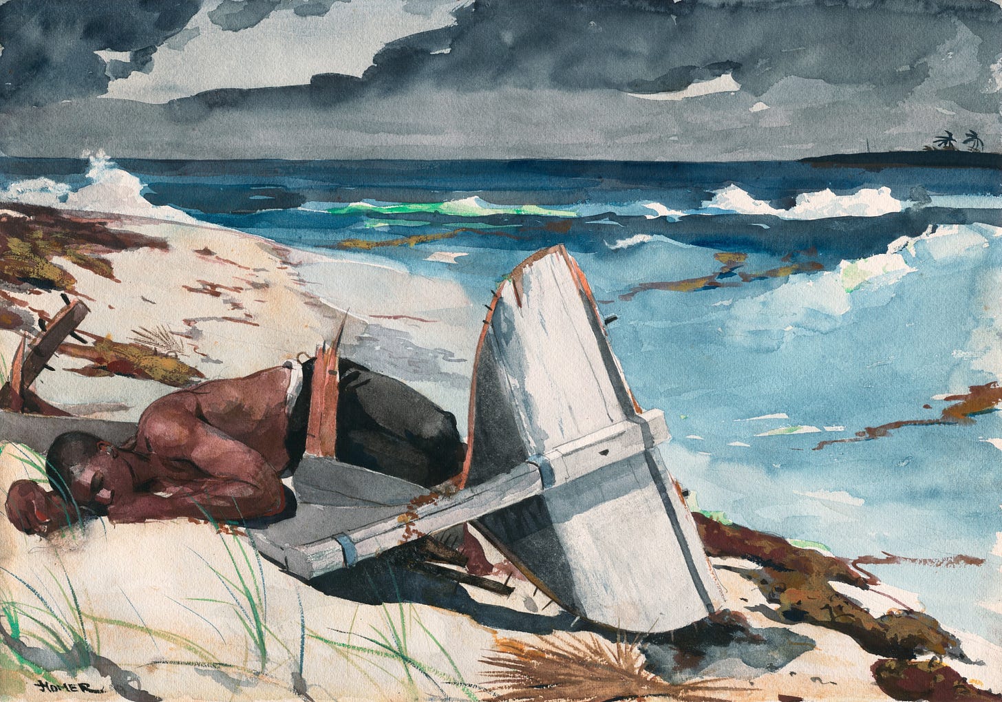 Man and a boat washed up on a beach after a hurricane.