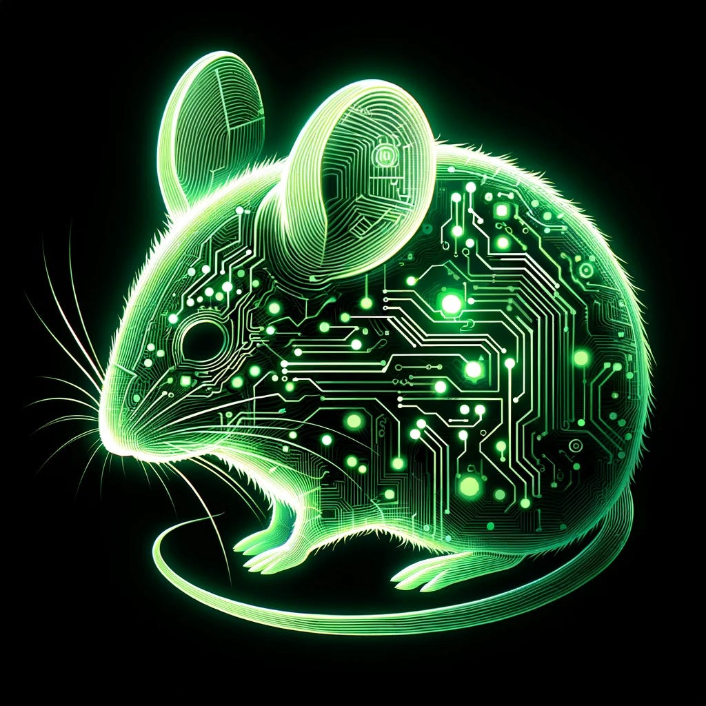 A highly digital illustration of a biological mouse with a black background. The mouse should be composed of glowing green digital lines and circuits, giving it a neon, holographic appearance. The lines should outline the shape of a real mouse, with detailed digital components visible within. The overall look should be futuristic and high-tech, emphasizing the virtual and technological nature of the mouse.