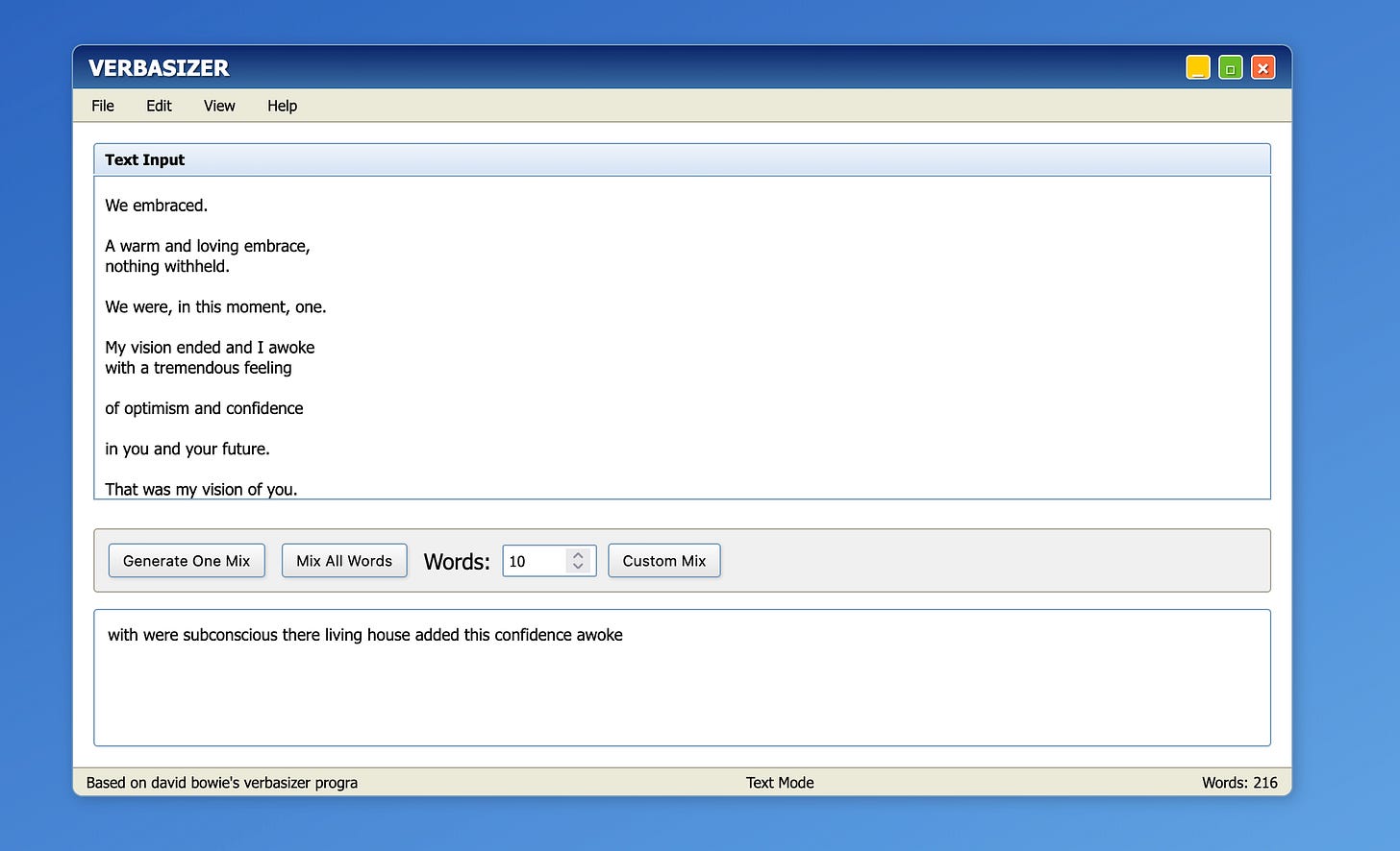my verbasizer showing a text input window and then a word mix generated from it my verbasizer showing a text input window and then a word mix generated from it