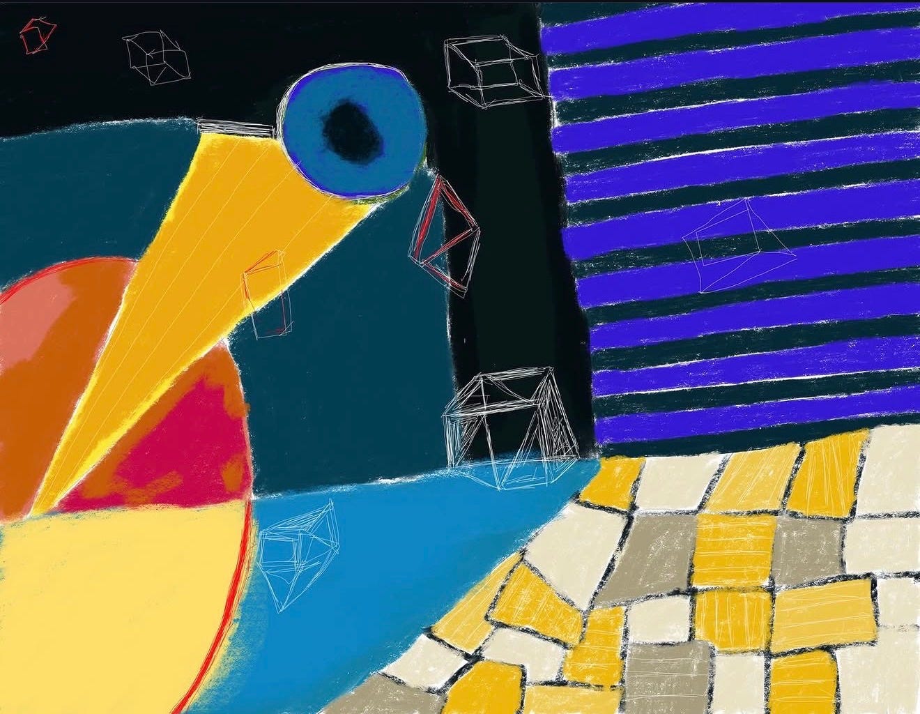 Abstract painting with bold, contrasting shapes and colors: a dark teal and black background is split by a vertical divide, with the right side filled by horizontal purple stripes. In the foreground, a patchwork of yellow, cream, and gray blocks forms a tiled, uneven surface. On the left, a large organic red and yellow shape is intersected by a sharp, triangular beam of light pointing toward a blue circular form with a dark center, resembling an eye or portal. Scattered across the scene are faint, sketch-like outlines of geometric cubes floating in space, giving a sense of depth and disorientation. The overall composition feels surreal, architectural, and slightly dreamlike, blending structure with fluidity. Abstract painting with bold, contrasting shapes and colors: a dark teal and black background is split by a vertical divide, with the right side filled by horizontal purple stripes. In the foreground, a patchwork of yellow, cream, and gray blocks forms a tiled, uneven surface. On the left, a large organic red and yellow shape is intersected by a sharp, triangular beam of light pointing toward a blue circular form with a dark center, resembling an eye or portal. Scattered across the scene are faint, sketch-like outlines of geometric cubes floating in space, giving a sense of depth and disorientation. The overall composition feels surreal, architectural, and slightly dreamlike, blending structure with fluidity.