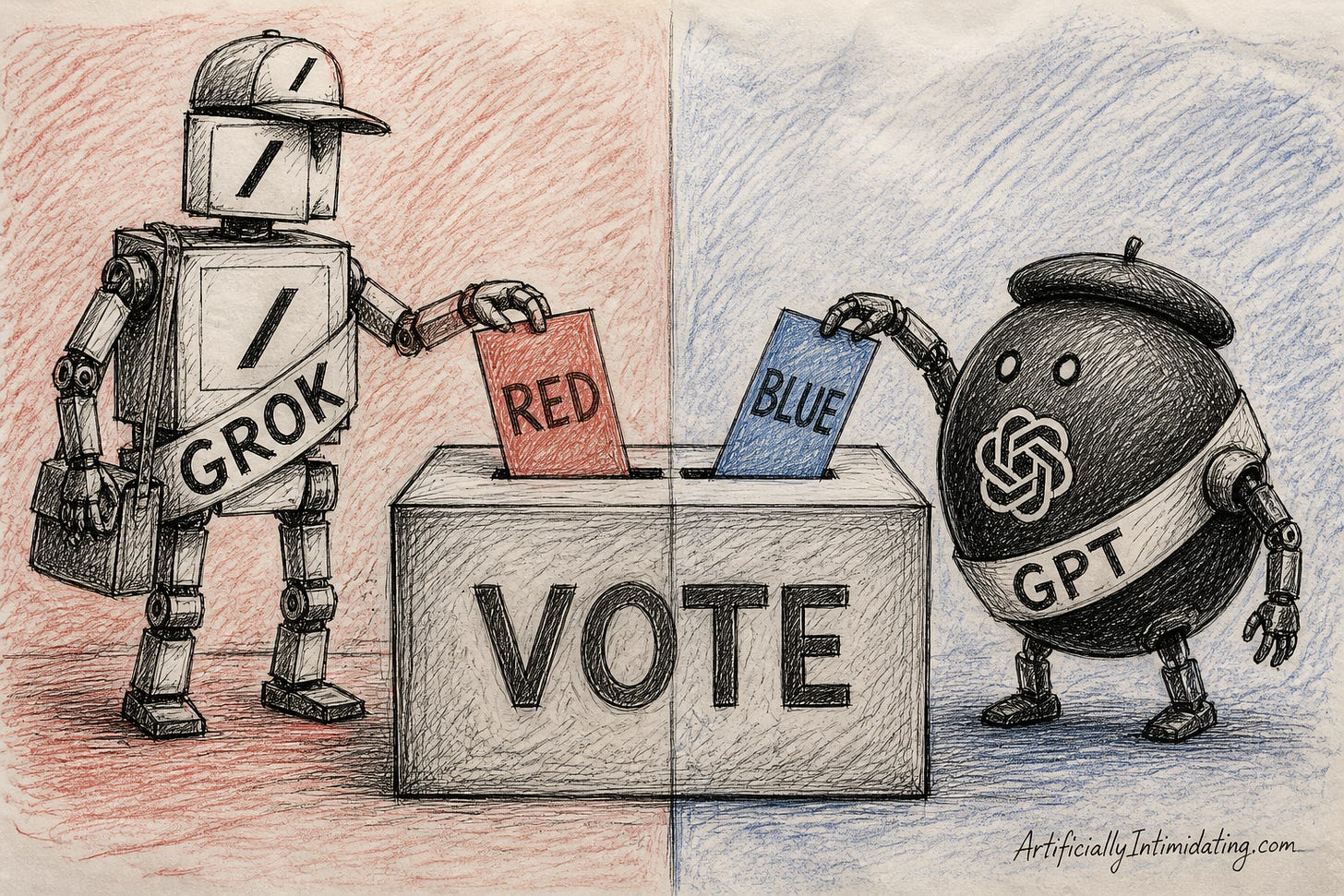 A red-washed left half where a boxy robot wearing a GROK sash drops a red ballot into a box labeled VOTE, and a blue-washed right half where a round robot wearing a GPT sash drops in a blue ballot.