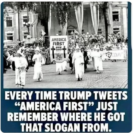 May be an image of 5 people and text that says 'AMERICA FIRST GOD COURINT 全QN OLN EVERY TIME TRUMP TWEETS "AMERICA FIRST" JUST REMEMBER WHERE HE GOT THAT SLOGAN FROM.'