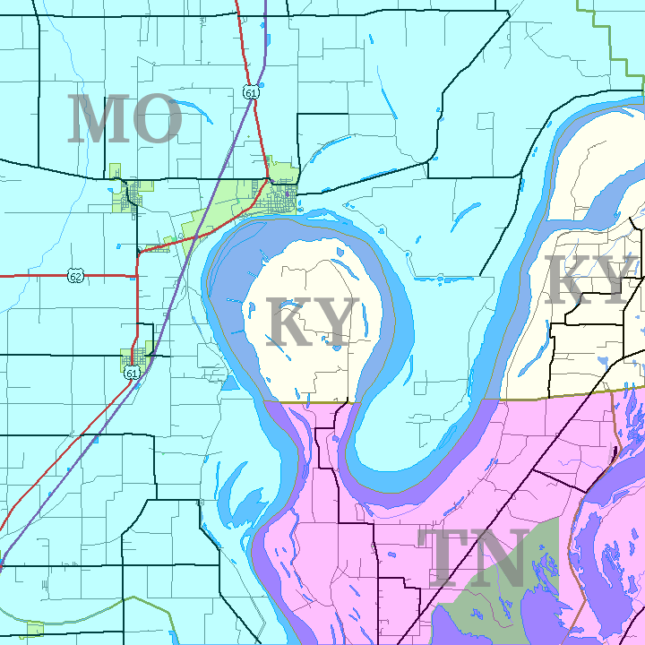 Map of Kentucky Bend with states shaded in different colors