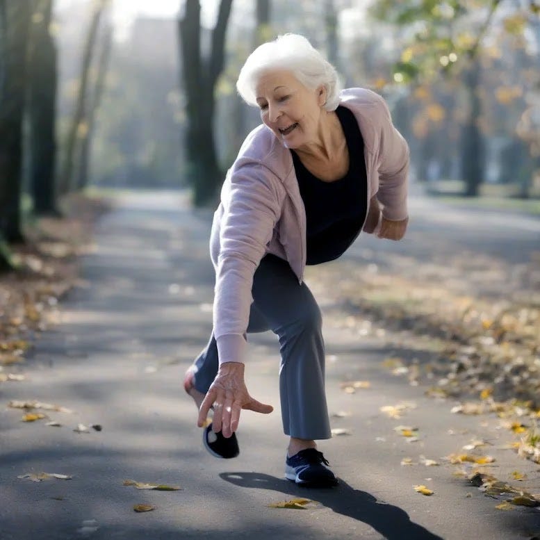 An elderly lady stumbles. It is typical for senior citizens to undergo a decrease in muscle mass, leading to an impact on their stability and an elevated likelihood of falling. An older woman falls. It's common for older individuals to experience a decline in muscle mass, which can affect their balance and increase the risk of falls.