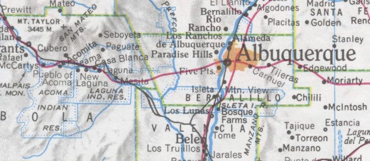 Map excerpt showing the area covered by the Seboyeta and Cubero missions, east and south of Mt. Taylor in Cibola County.