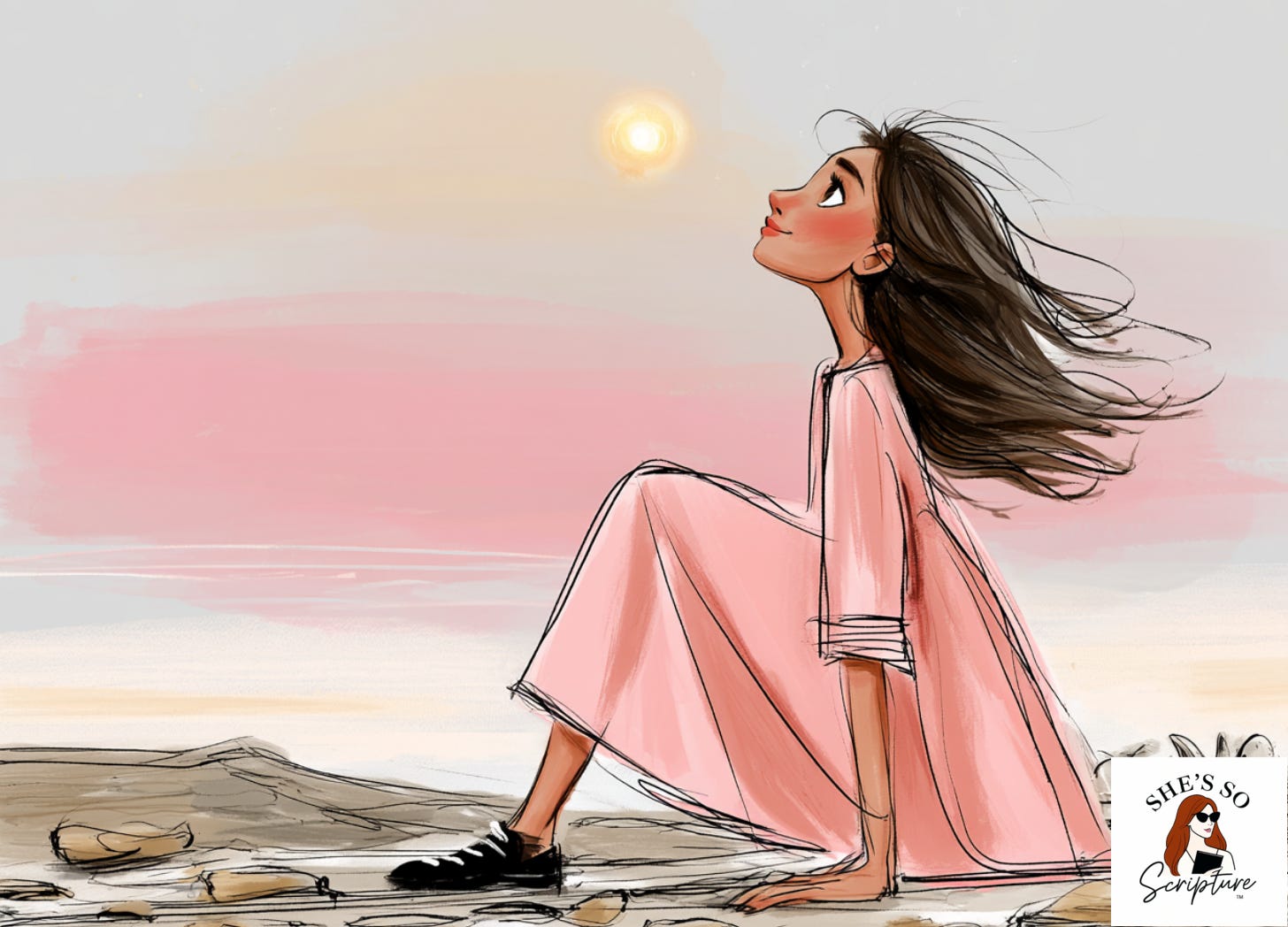Illustrated woman rising to her feet on an ancient shoreline at dawn, face lifted toward golden light, rendered in soft blush pink and cream watercolor with ink outlines.