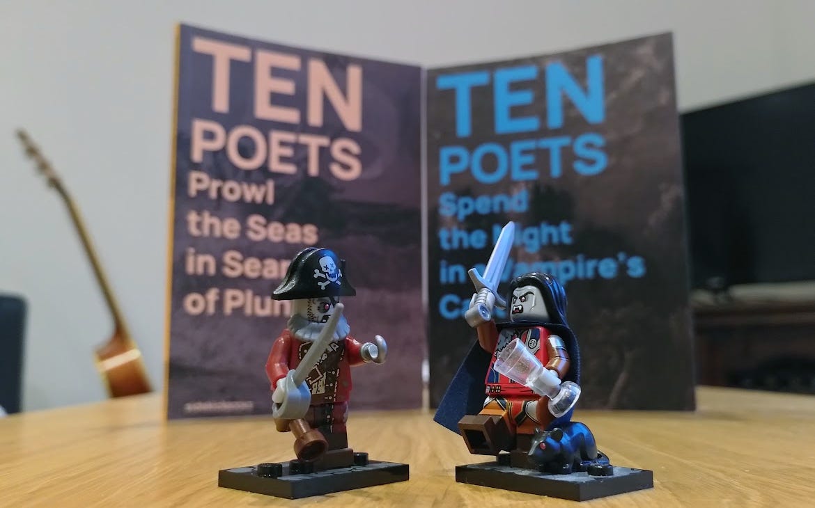 A zombie Lego pirate and Lego vampire clash swords in from of two books: Ten Poets Prowl the Seas in Search of Plunder and Ten Poets Spend the Night in a Vampire's Castle