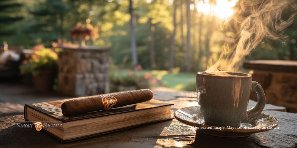 Connecticut Shade cigar with coffee on a rustic patio at sunrise. Connecticut Shade cigar with coffee on a rustic patio at sunrise.