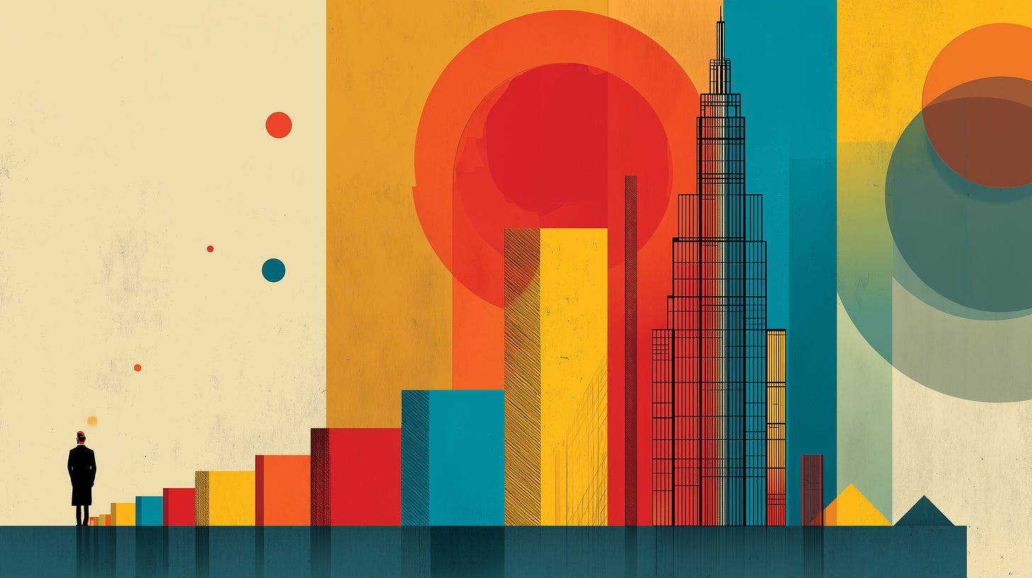 Bauhaus-style geometric poster with three towers of dramatically different heights representing AI cost ratios, a tiny line for text, a medium block for images, and a massive skyscraper for video, in primary colors on a cream background.