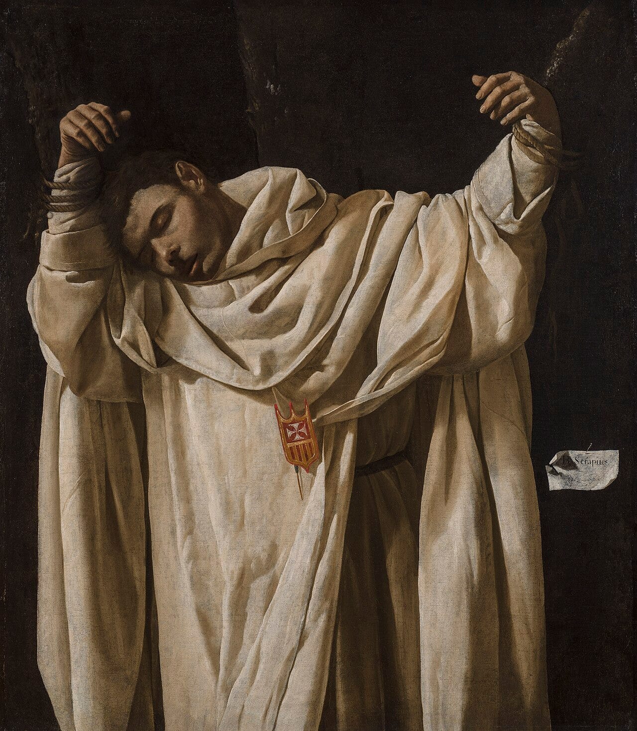 Francisco de Zurbarán, Saint Serapion, a white robed monk slumped against black
