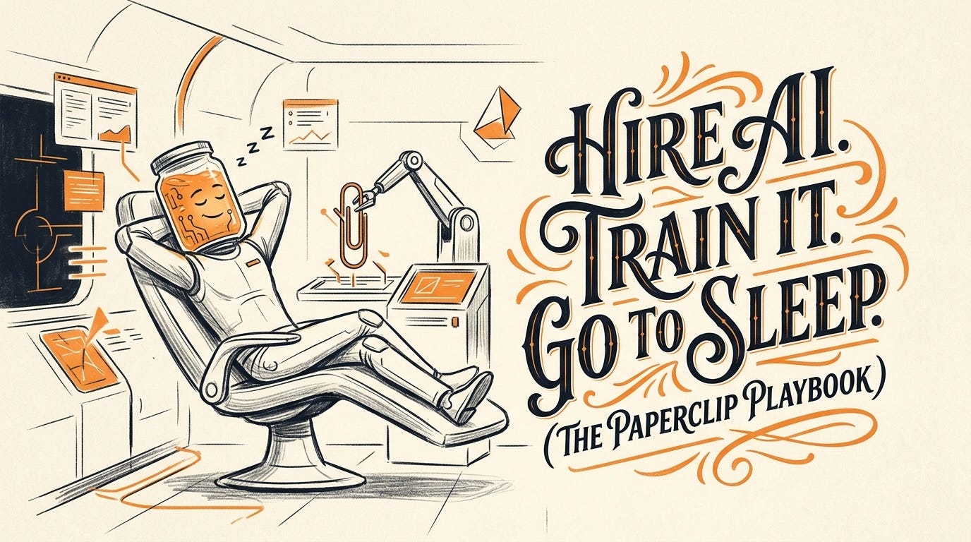 Hire AI. Train It. Go to Sleep. (The Paperclip Playbook) — hero image showing an AI-managed org chart with a founder stepping back from control Hire AI. Train It. Go to Sleep. (The Paperclip Playbook) — hero image showing an AI-managed org chart with a founder stepping back from control