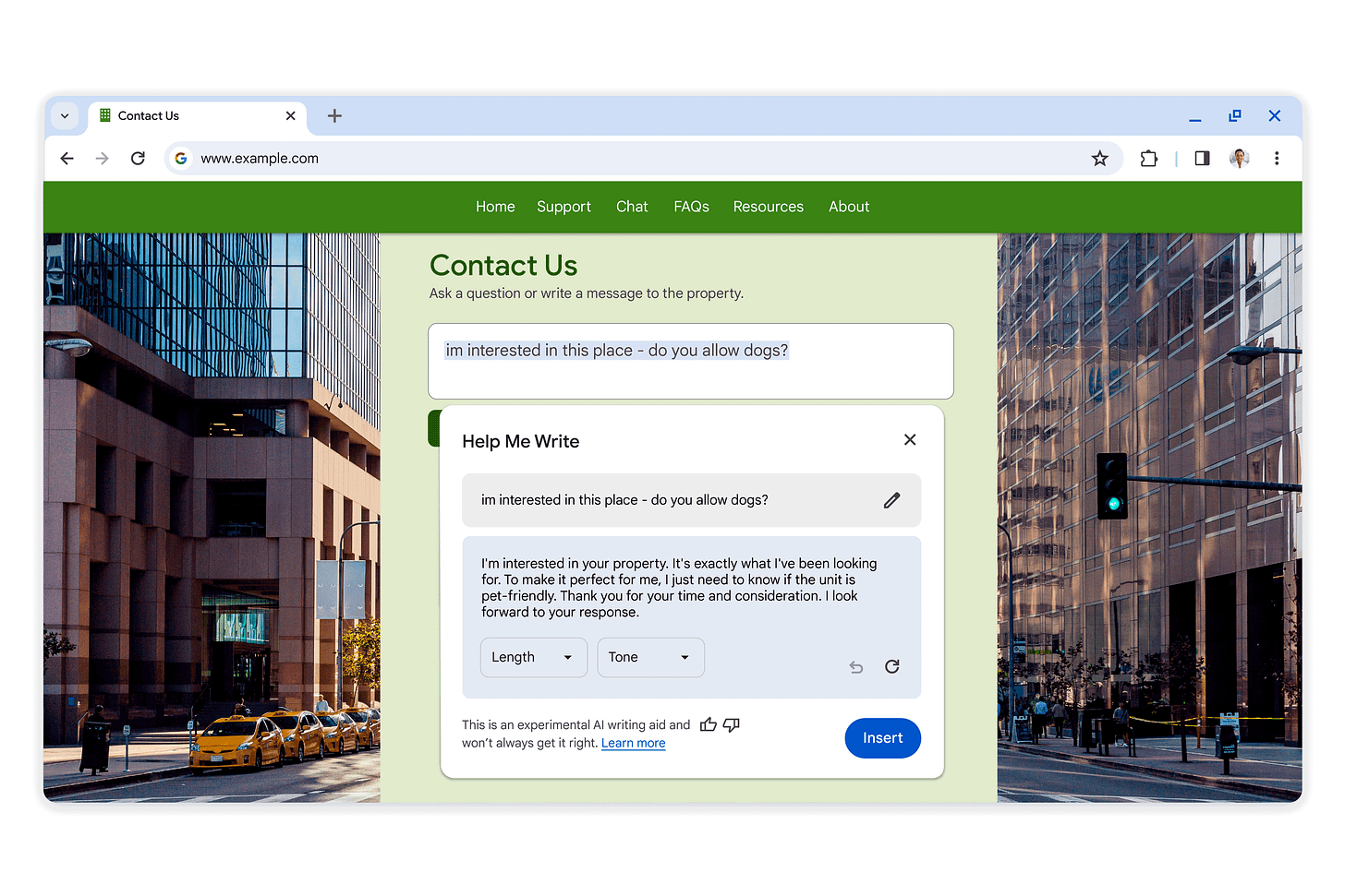 A contact form for an apartment rental. The initial draft says “im interested in this place - do you allow dogs?” Chrome’s “Help me write” feature provides suggested text.