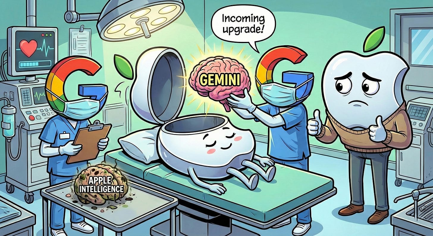 Image of Siri receiving a "Gemini" brain transplant.
