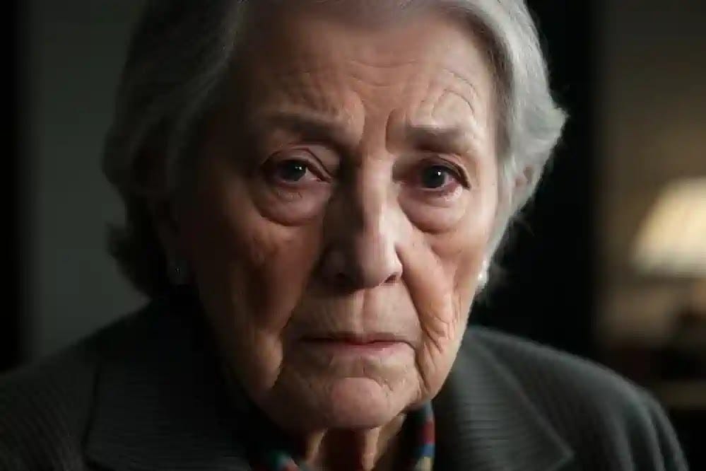 Hearing aids could help this elderly woman, whose face shows the challenges of dementia.