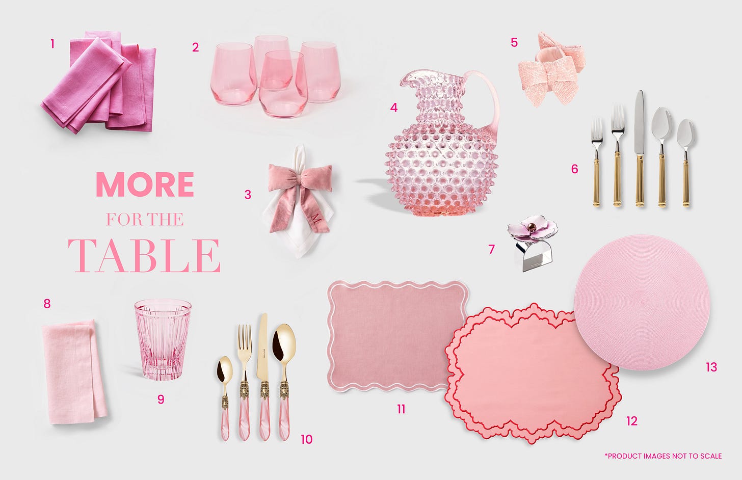 A collection of pink table items like napkins, cups, flatware, and placemats.