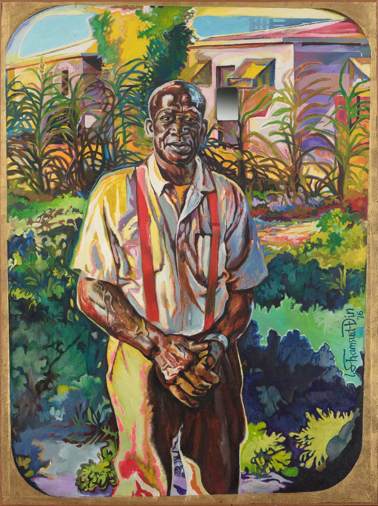 "Rock of Ages," 1976, oil, gold leaf, and mirror on canvas, by Isaka Shamsud-Din.