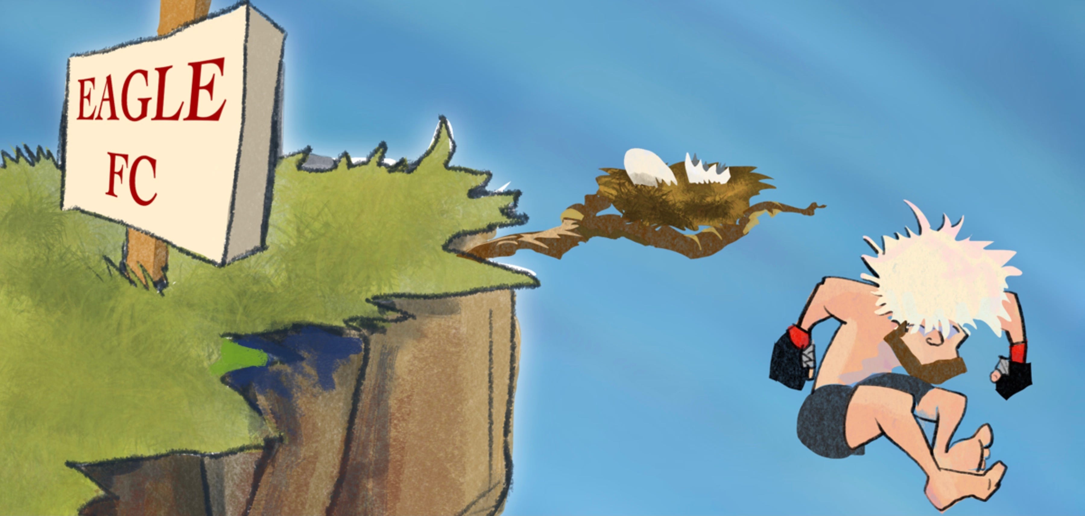 An illustration of former UFC champion Khabib Nurmagomedov jumping off a cliff