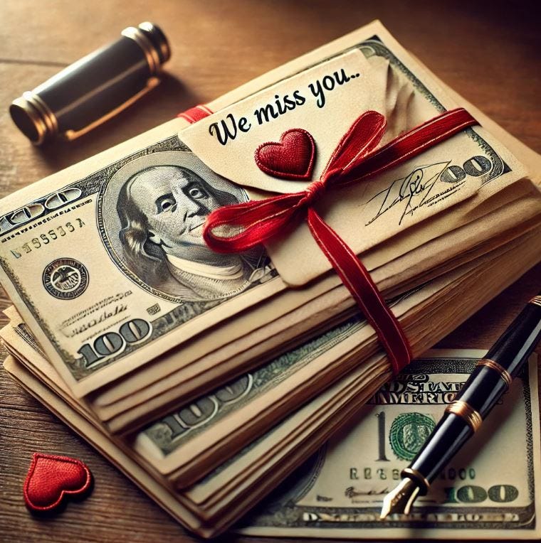 Three vintage envelopes tied with a red ribbon sit on a pile of $100 bills, one slightly open showing a handwritten love note that reads "We Miss You".